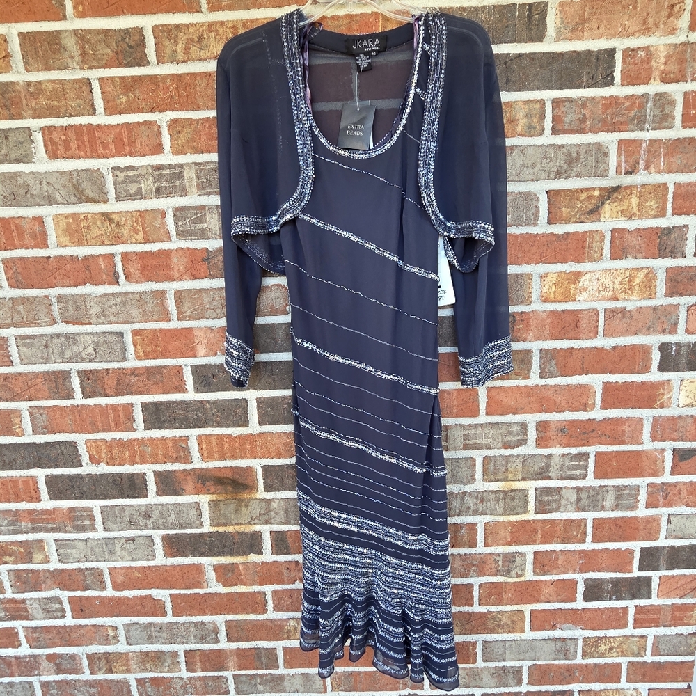 J Kara Black  Silver Sequins 2 Piece Tank Dress Cropped Jacket Size 10 NWT🚢